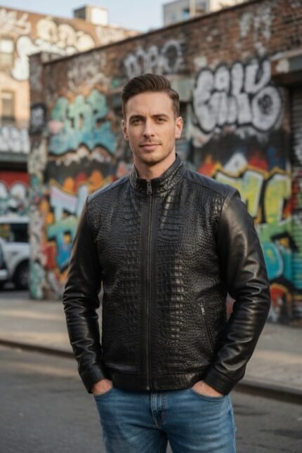 Gilbert Black Alligator Leather Racer Jacket