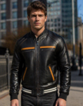 Leonardo Black Bomber Leather Jacket with Contrast Accents