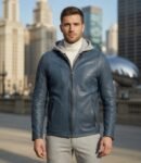 Mark Cobalt Premium Leather Hooded Bomber Jacket