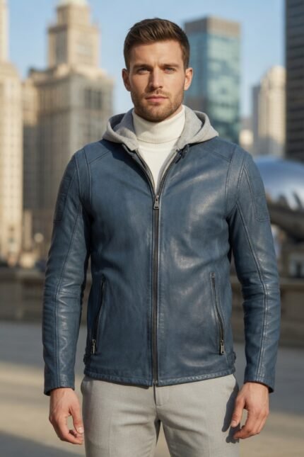 Mark Cobalt Premium Leather Hooded Bomber Jacket