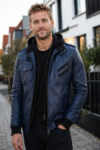 Armond Navy Blue Hooded Leather Bomber Jacket for Men