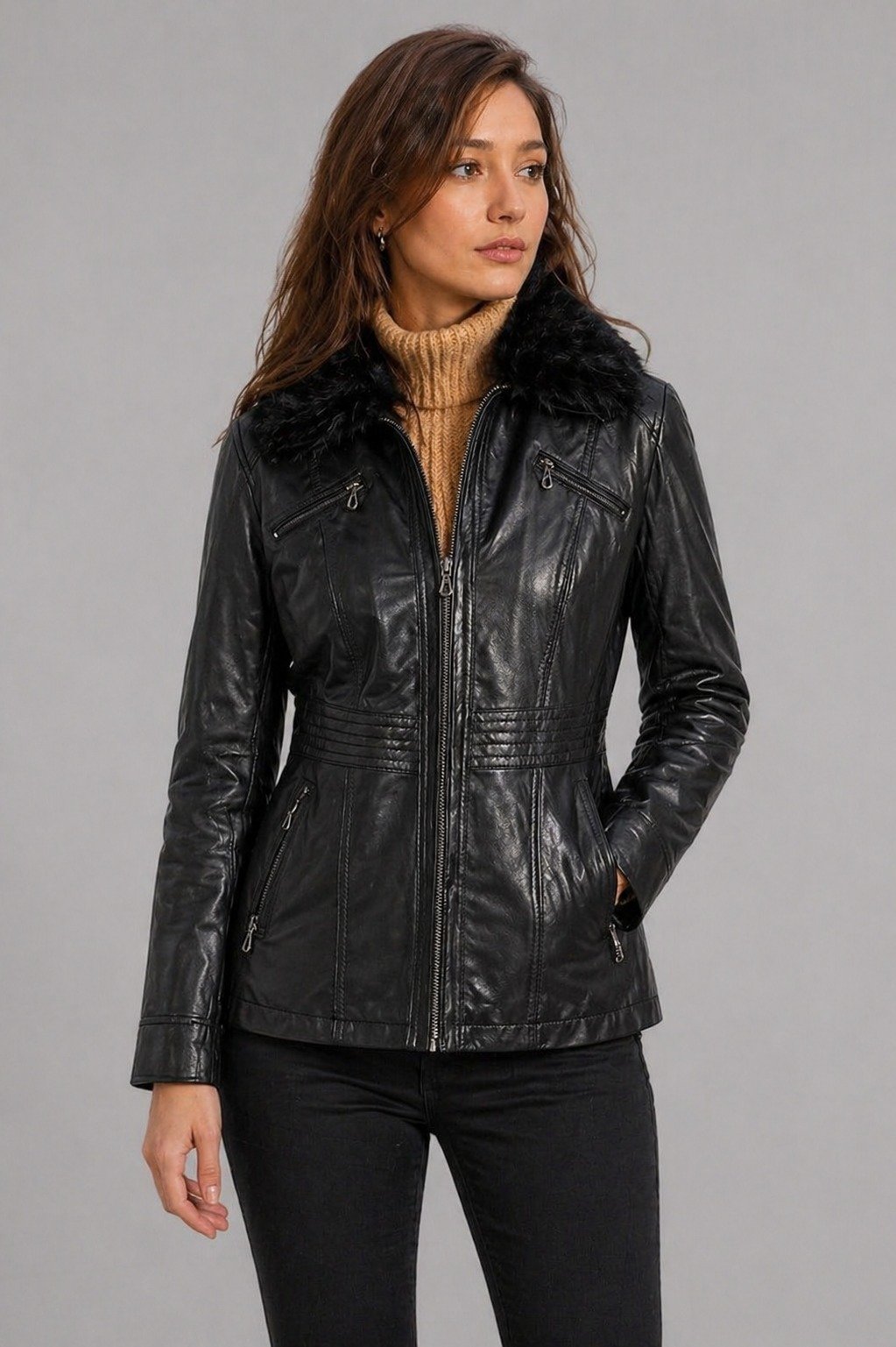 Rachel-Black-Fur-Collar-Women-Leather-Jacket-studio-front