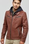 Detroit Hooded Brown Leather Jacket for Men