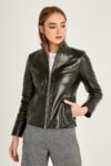 Rhinestone Motor Biker Racer Black Leather Jacket For Women
