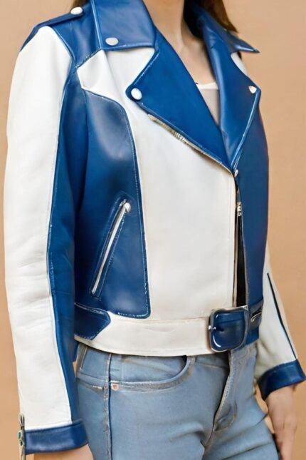 Ehlia Blue & White Stylish Leather Jacket For Women