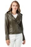 Jessica Green Biker Leather Jacket With Hood For Women