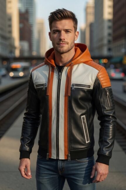 Jax Tricolor Hooded Premium Leather Bomber Jacket