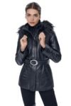 Dorothy Women’s 100% Real Black Leather Fur Collar Short Belted Trench Coat