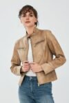 Alicia Short Beige Leather Jacket For Women