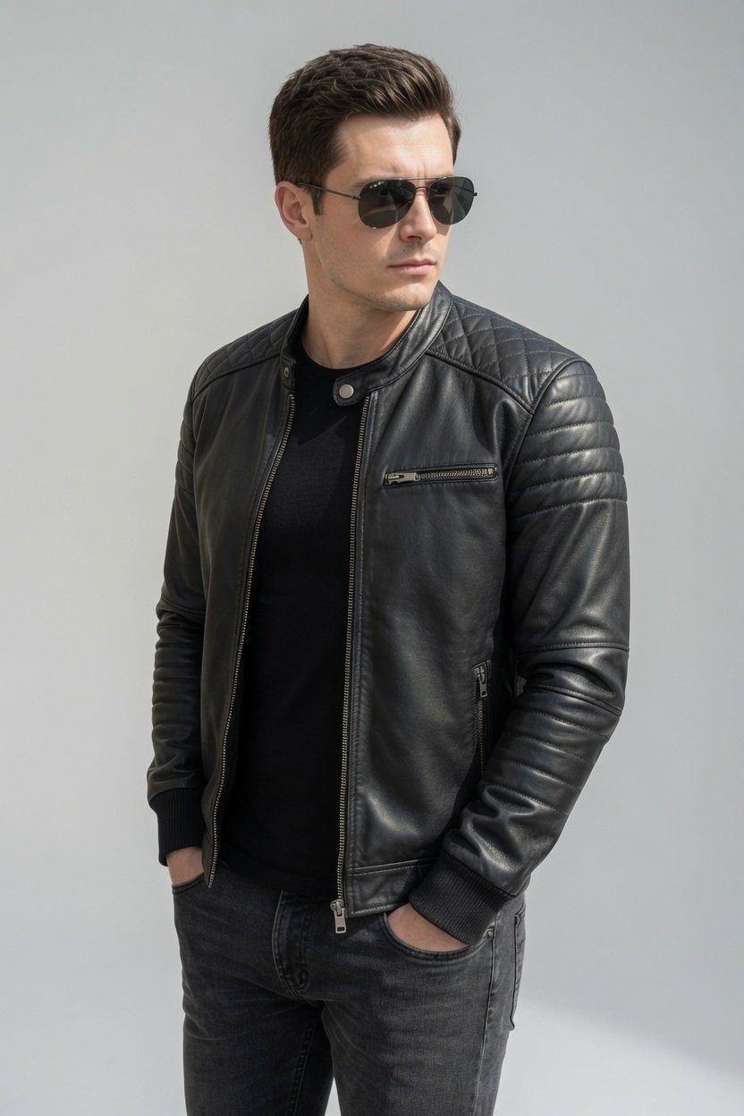 Mens-Premium-Black-Quilted-Biker-Leather-Moto-Jacket front studio