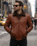 Heritage Brown Aviator Shearling Collar Leather Jacket
