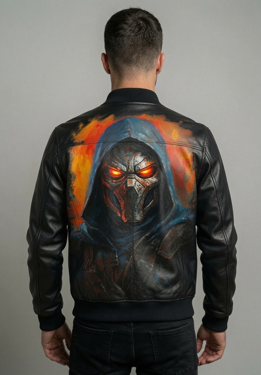 Cipher Hand-Painted Premium Leather Bomber Jacket back studio