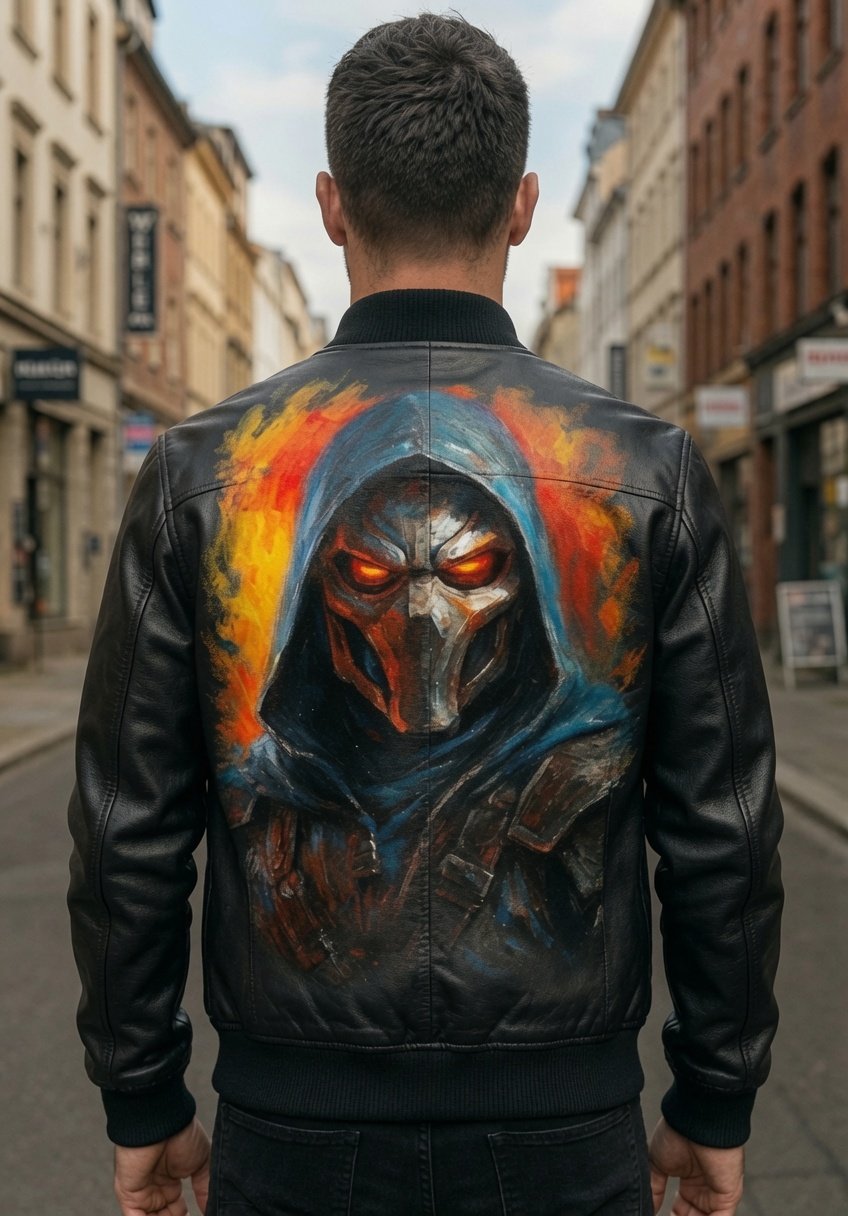 Cipher Hand-Painted Premium Leather Bomber Jacket back