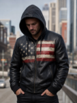 Men’s Black Leather Hoodie Jacket with Vintage American Flag Design
