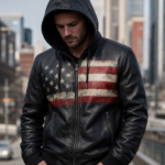 Men’s Black Leather Hoodie Jacket with Vintage American Flag Design