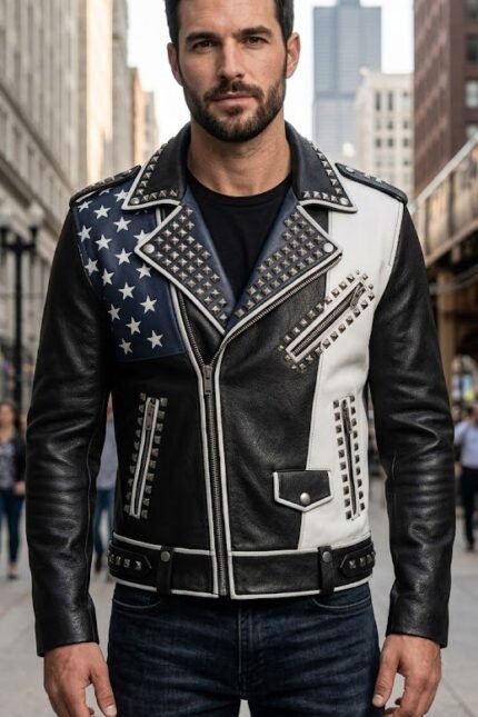 Maverick American Flag Studded Leather Biker Jacket