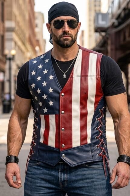 Patriot USA Flag Lace-Up Leather Vest