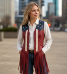 Women’s American Flag Leather Fringe Vest – Red White Blue Western Style