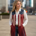 Women’s American Flag Leather Fringe Vest – Red White Blue Western Style