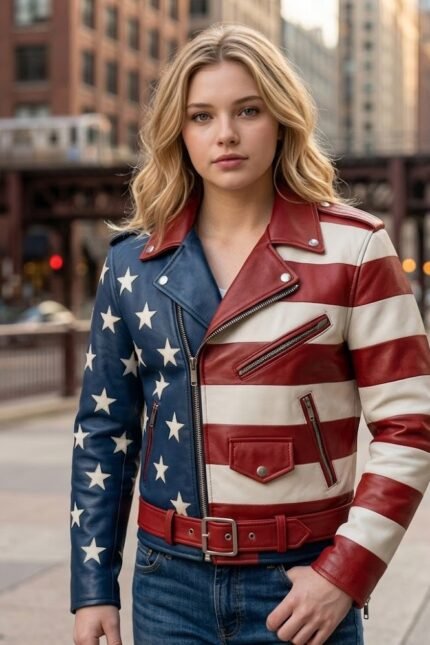 Liberty Women's American Flag Leather Biker Jacket