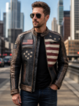 Men’s Vintage American Flag Leather Jacket – Distressed Biker Style