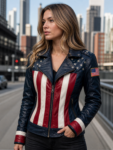 Handmade Women’s Blue Leather Biker Jacket with American Flag Design