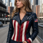 Handmade Women’s Blue Leather Biker Jacket with American Flag Design