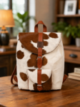 Hair-on Cowhide Leather Drawstring Backpack – Handmade Brown & White Western Rucksack