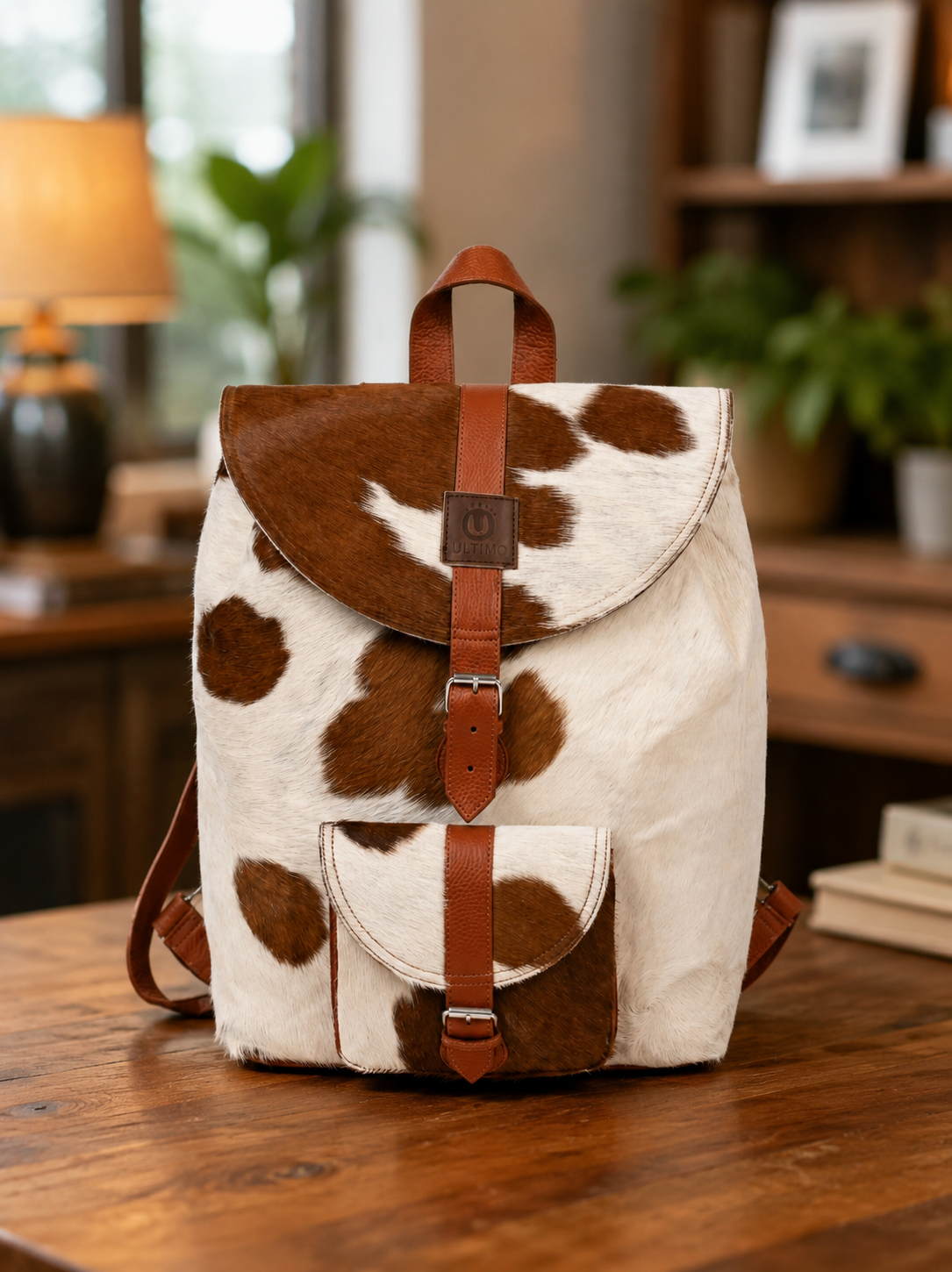 Cowhide Hair On Hide Leather Backpack Front Table