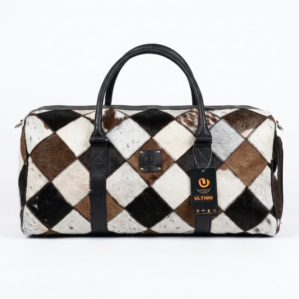 Cowhide Hair-on Duffle Bag Black White Front