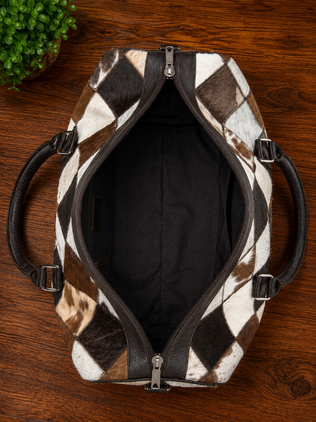 Cowhide Hair-on Duffle Bag Black White Inside Table