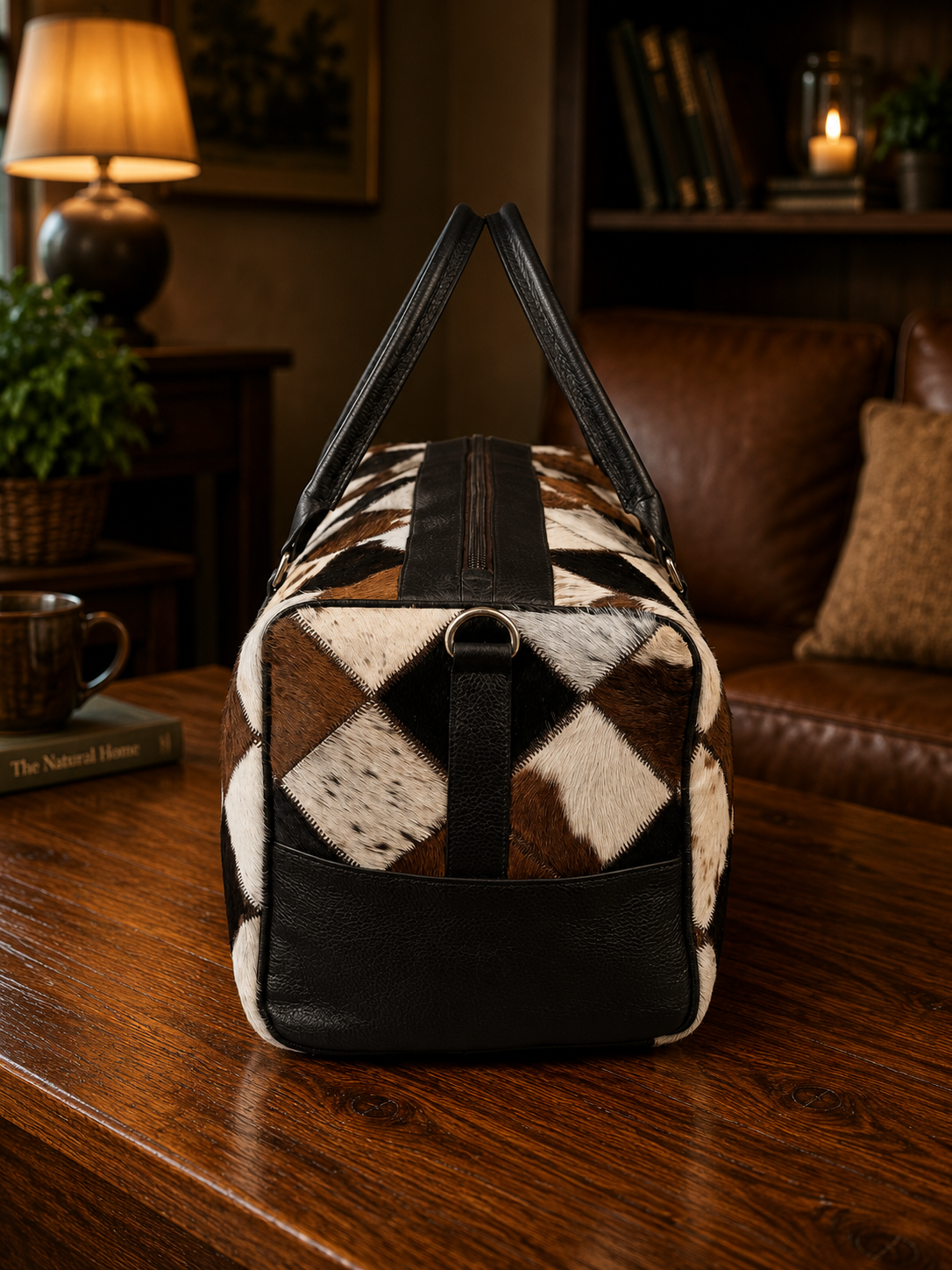 Cowhide Hair-on Duffle Bag Black White Table Side
