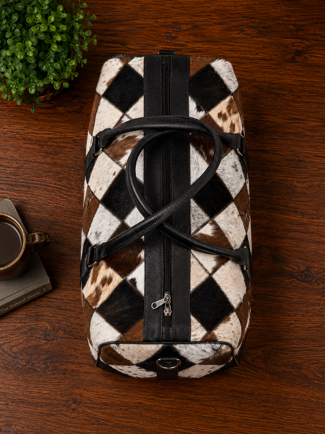 Cowhide Hair-on Duffle Bag Black White Table Top