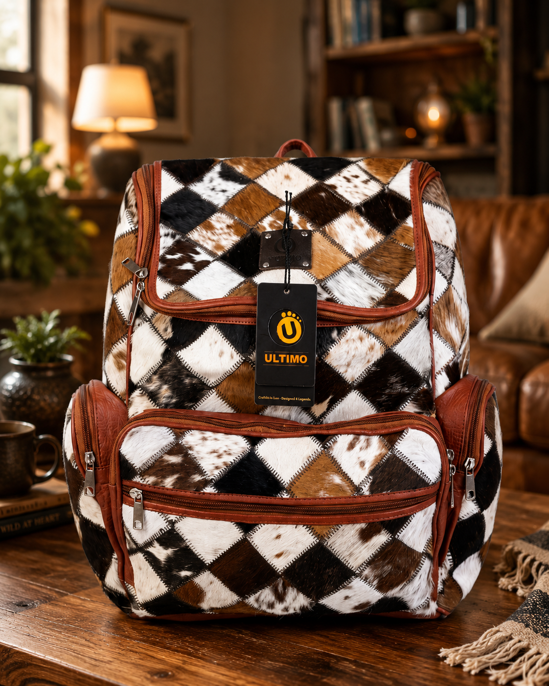Cowhide Hair-on Leather Backpack Front Table