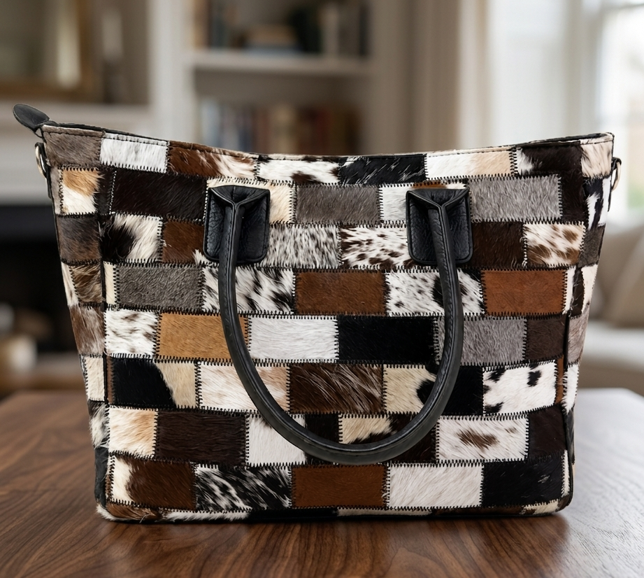 Cowhide Hair-on Multi Patch Tote Bag Back Table