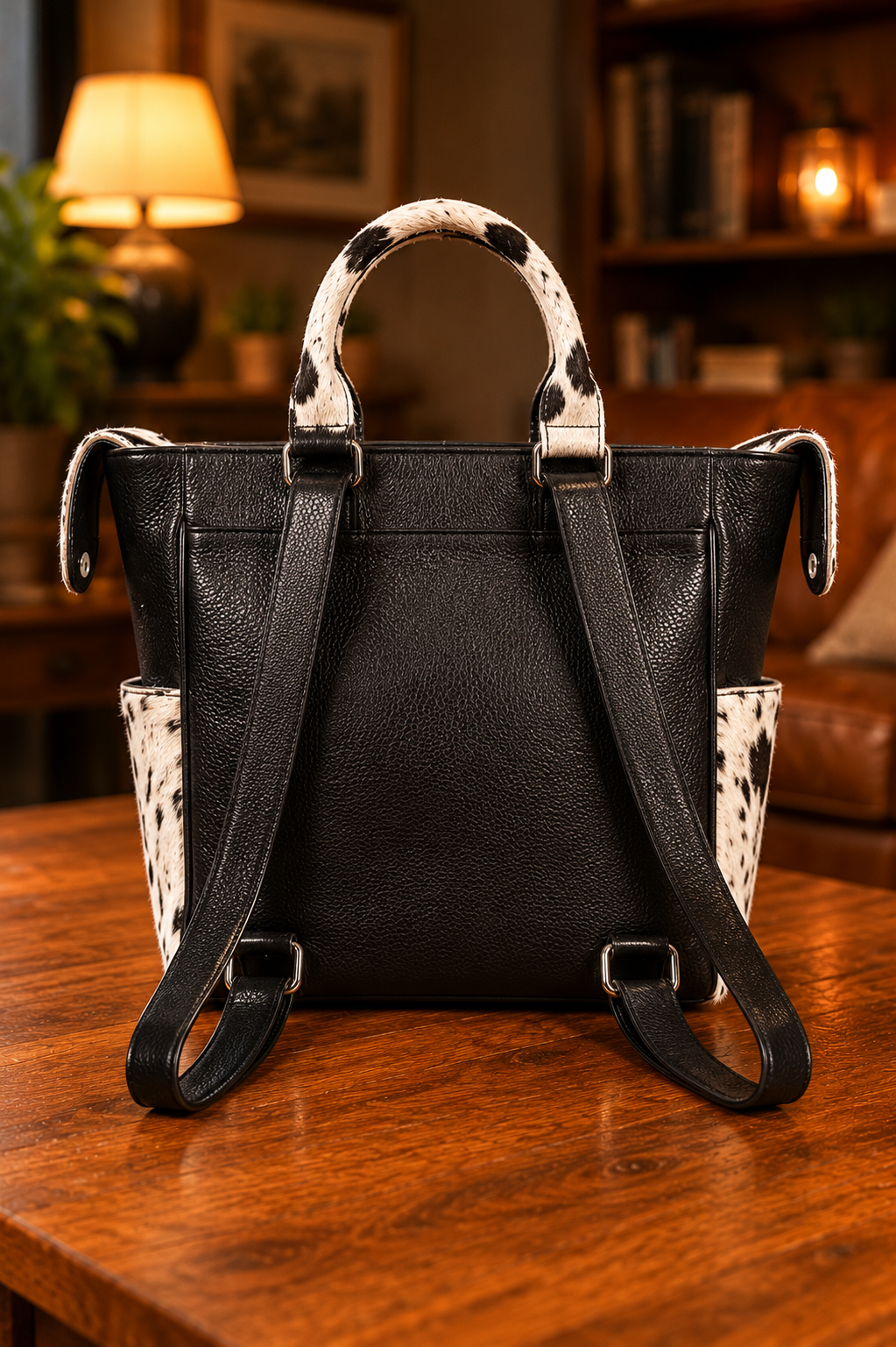 Hair-on Cowhide Backpack Purse Back Table