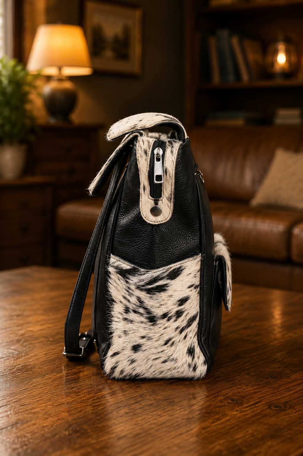 Hair-on Cowhide Backpack Purse Side Table
